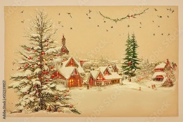 Fototapeta Vintage Merry Christmas postcard with a winter landscape, snowy background, people enjoying, celebrating holiday. christmas tree, toys and decorations. Ilusstration for advertising.