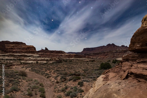 Obraz Nighttime in Horse Canyon, located in the Maze District of Canyonlands National Park in Utah, seen in the springtime. The sky is full of stars. The arid desert landscape is empty and beautiful.