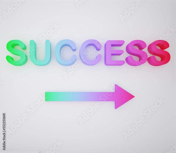 Fototapeta Multicolored extruded text of word "success" with right arrow. Professional growth, possibilities, challenges and personal development concept. 3d rendering.
