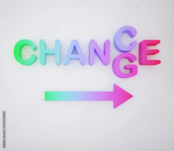 Fototapeta Multicolored extruded text of a word understood as twofold "change" and "chance" with right arrow. Professional growth, possibilities and personal development concept. 3d rendering.
