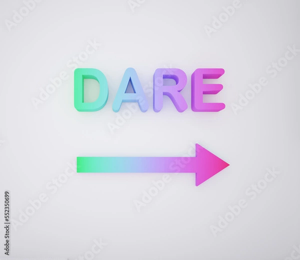 Fototapeta Beautiful fading colors extruded text of word "dare" with right arrow. Professional growth, discover, challenges, no comfort zone and personal development concept. 3d rendering.


