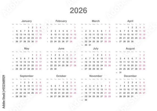 Fototapeta Kalender 2026, englisch, Querformat
