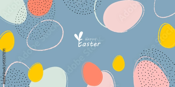 Fototapeta Happy Easter banner. Trendy Easter design with typography, hand drawn strokes and dots, eggs, pastel colors. Modern minimalistic style. Horizontal poster, postcard, header for website