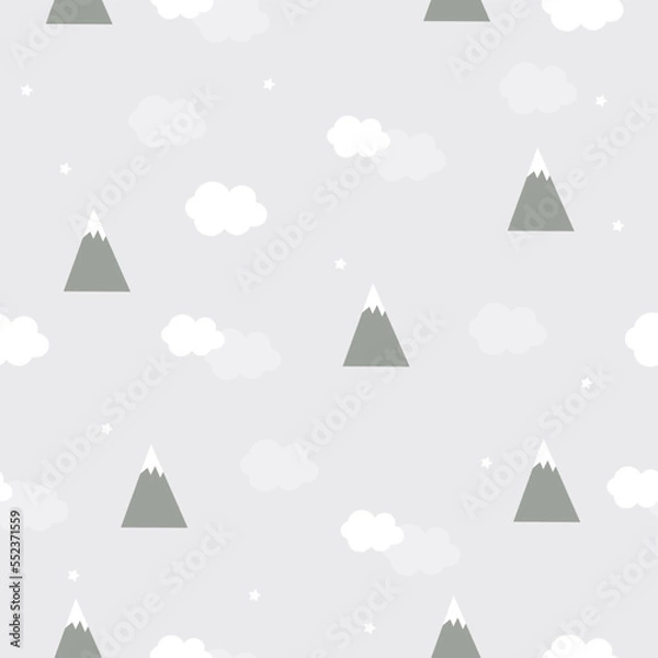 Obraz Vector hand drawn modern pattern with mountains, clouds and stars in doodle style. Children's wallpaper with mountains in scandinavian style. For gift paper, packaging, textiles, clothing.