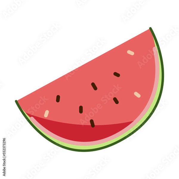 Fototapeta Cartoon slice of ripe juicy watermelon isolated on white. Watermelon growth stage. Vector illustration of growing plant on farm plantation. Development, crop concept