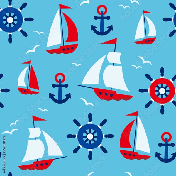 Fototapeta Colorful seamless pattern with sailing ship, anchor, steering wheel in flat style. Marine endless texture for fabric, baby clothes, background, textile, wrapping paper. Vector illustration.