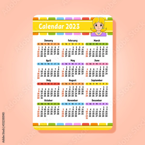 Fototapeta Calendar for 2023 with a cute character. Fun and bright design. Isolated color vector illustration. Pocket size. cartoon style.