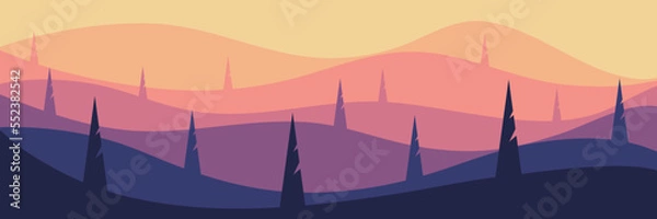 Fototapeta sunrise silhouette flat design vector banner template good for web banner, ads banner, tourism banner, wallpaper, background template, and adventure design backdrop