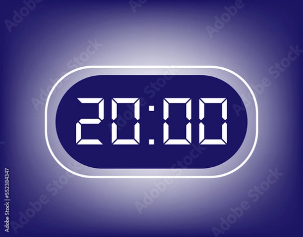 Fototapeta 20:00 Hours alarm design. Icon of alarm clock setting appointment time. Clock with digital numbers on blue gradient background