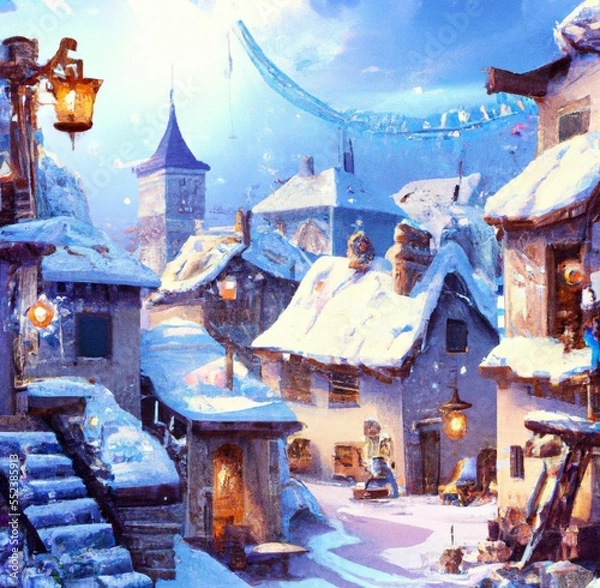 Obraz snowy village with christmas decoration