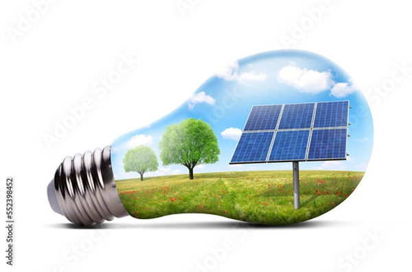 Fototapeta Eco LED light bulb with solar panel isolated on transparent background, PNG. Concept of green energy.