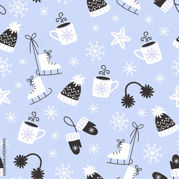 Fototapeta Festive winter pattern with cozy elements in flat style