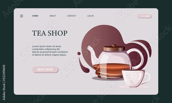 Fototapeta Tea shop web banner template, website, landing page and mobile app development. Glass tea pot with porcelain cup, saucer and black tea 