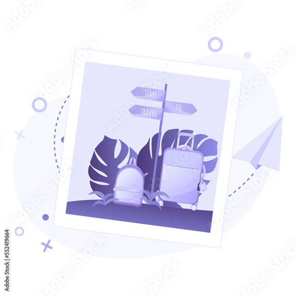 Fototapeta Holiday photo. Pictures from a tropical resort with suitcase and backpack.  Travel, summer holidays, booking, planning a vacation and tourism concept.	