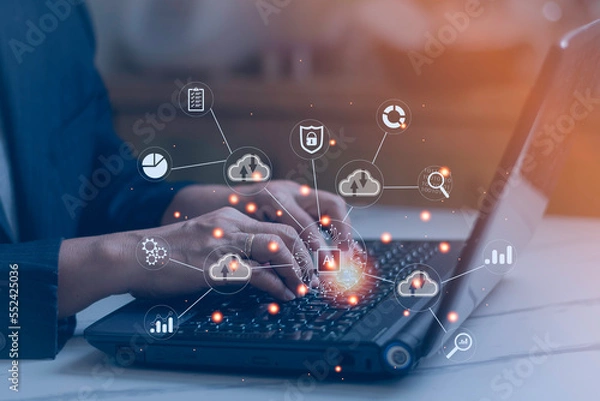 Fototapeta Digital transformation change management, internet of things. new technology bigdata and business process strategy, customer service management, cloud computing, smart industry. Ai technology.