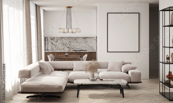 Fototapeta Mockup poster frame on the wall of living room. Luxurious apartment background with contemporary design. Modern interior design. 3D render, 3D illustration.