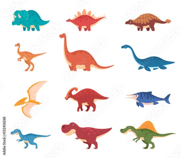Fototapeta Cartoon cute beautiful dinosaurs. Ancient cold-blooded lizards in children cartoon style. Image of fossil lizards. Vector illustration
