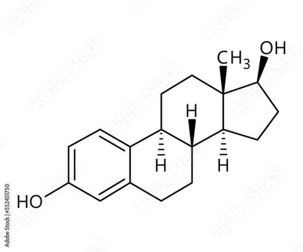 Fototapeta Estradiol molecular structure. Estradiol is an estrogen steroid hormone and the major female sex hormone. Vector structural formula of chemical compound with red bonds and black atom labels.