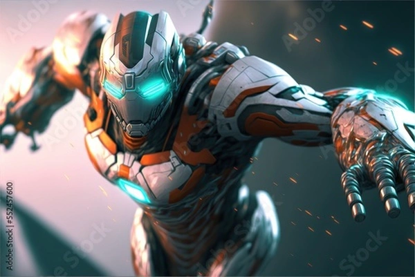 Fototapeta Man cyborg super hero action pose in battle