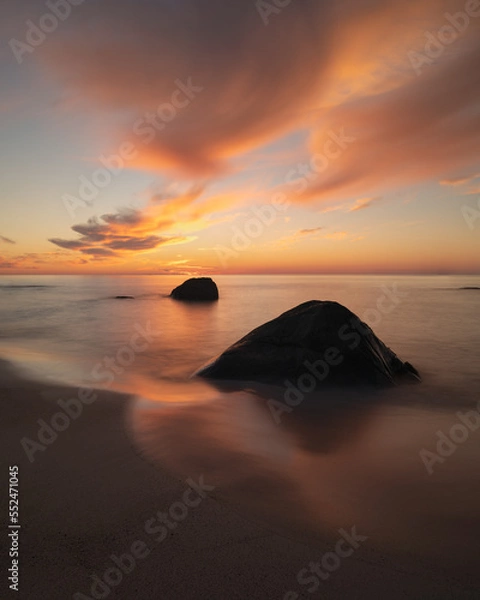 Fototapeta Sunset over coastal rocks at Myrland beach, Lofoten Islands, Norway
