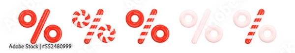 Fototapeta Percent sign. Glossy 3D symbol in the Festive Christmas and New Year Candy Cane style on a white background. Percentage, discount, sale, promotion concept. 3d vector illustration. Icon set
