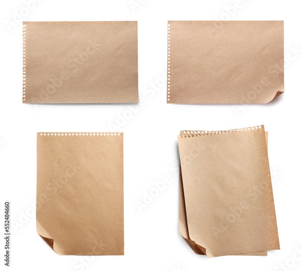 Fototapeta Set with blank kraft paper sheets on white background, top view