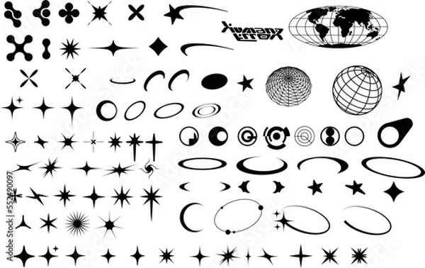 Obraz Vector Graphic Assets Set. Bold modern Shapes for Posters Template, flyers, clothes, social media, graphic design, sticker, In Y2k style, Futuristic, Anti-design, Digital Collage, Retro Futurist.