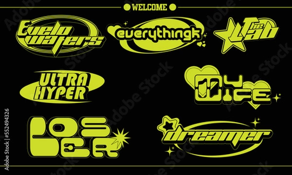 Fototapeta Vector Graphic Assets Set. Bold modern Shapes for Posters Template, flyers, clothes, social media, graphic design, sticker, In Y2k style, Futuristic, Anti-design, Digital Collage, Retro Futurist.