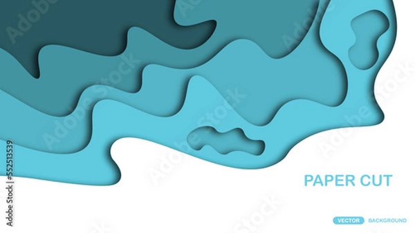 Fototapeta Paper cut background with wavy layers in cyan. Abstract design for brochure, flyer, magazine, business card, branding, banner, header, book cover, notebook vector background