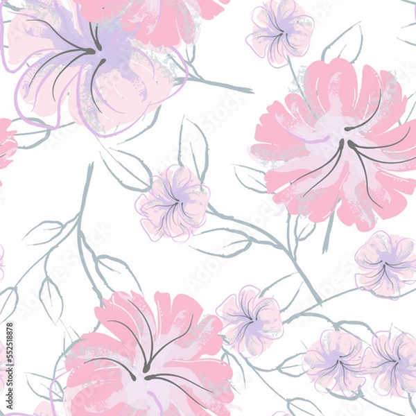 Obraz Pink Flowers Blooming Pattern. Pastel Watercolor.