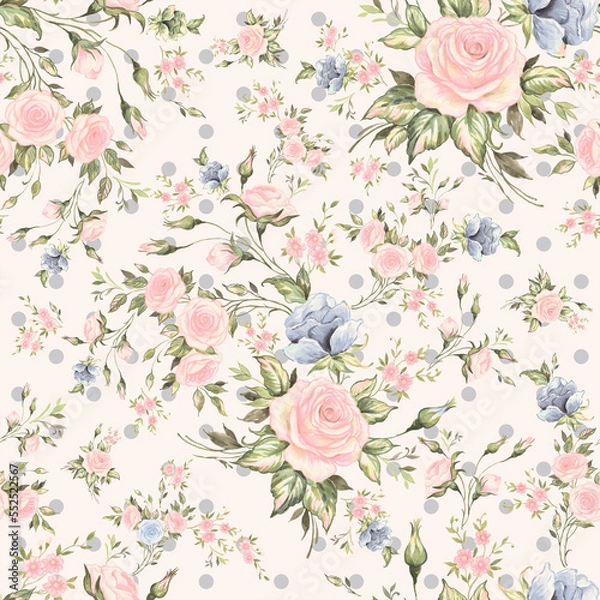 Fototapeta Lovely seamless spring roses pattern. Beautiful print for decoration of textiles and design. Flower background. Art drawing for surface. Tenderness decor.