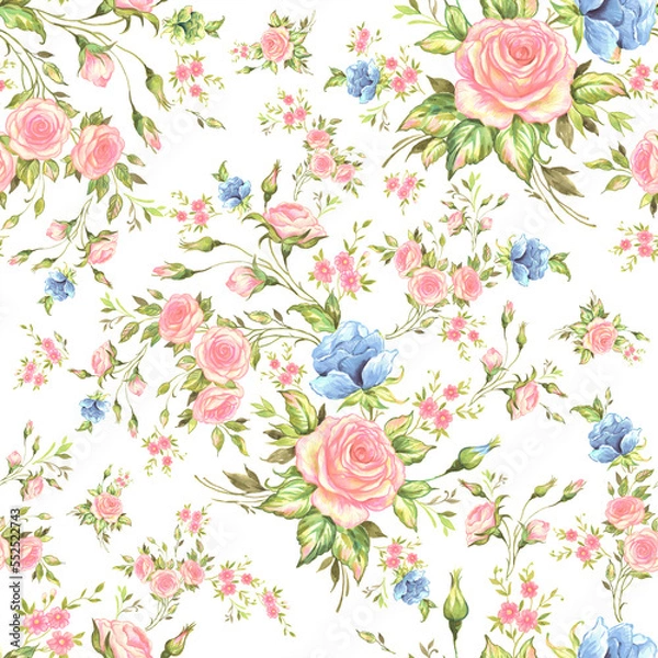 Fototapeta Lovely seamless spring roses pattern. Beautiful print for decoration of textiles and design. Flower background. Art drawing for surface. Tenderness decor.