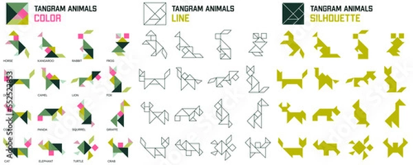 Fototapeta Tangram puzzle for kids. Set of tangram animals.