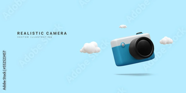 Fototapeta 3d realistic camera isolated on blue background.Time to travel concept in minimal style with copy space. Vector illustration