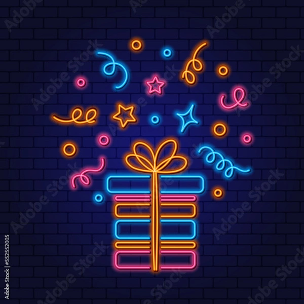 Obraz Neon Gift bright box with a bow and confetti with stars, ribbons and circles. Neon glowing holiday illustration. The concept of surprise, holiday, gift under the Christmas tree
