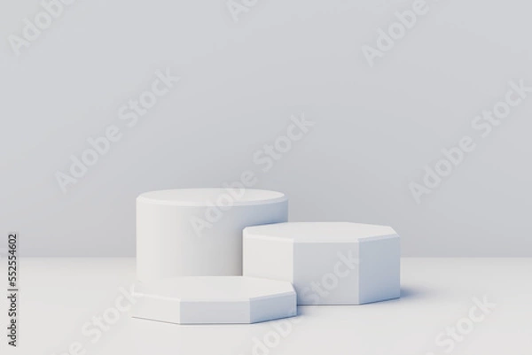 Fototapeta Geometric step white pedestal podium platform for cosmetic product presentation.Mock up design empty space. 3d illustration