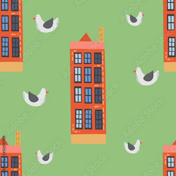 Fototapeta Architecture Amsterdam cozy and cute seamless pattern on a green background. Illustration for children book, banner, poster