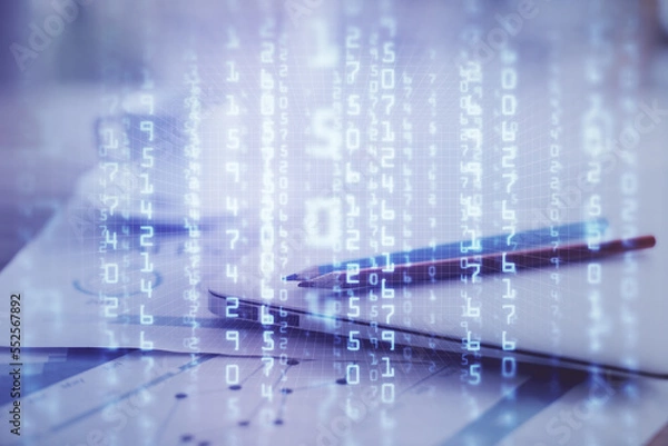 Fototapeta Double exposure of table with computer on background and data theme hologram. Data technology concept.