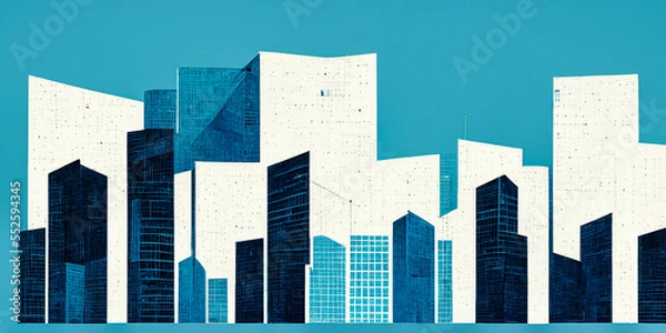 Fototapeta Large urban downtown architectural design, with schematic rectangular buildings and blue sky. Pure and detailed lines for exceptional art projects.