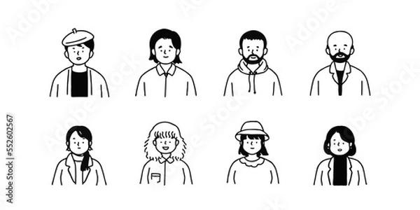 Fototapeta Outline avatars profile set office workers , hand-drawn icon style , flat line vector.