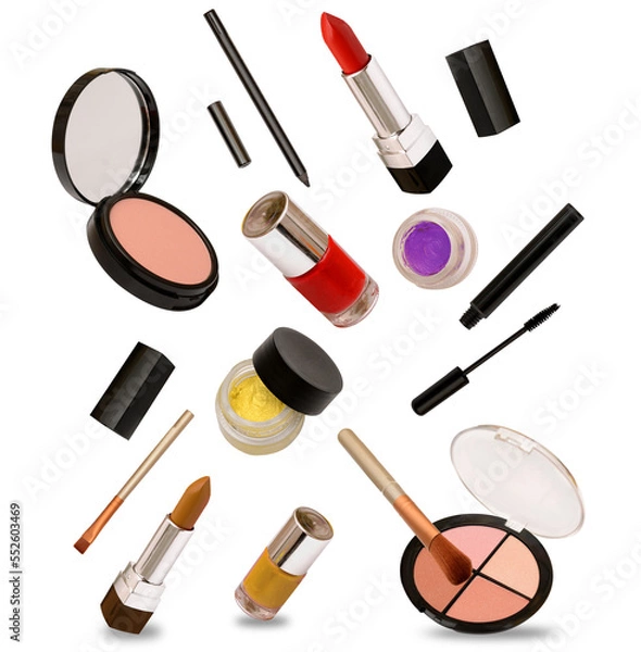 Fototapeta Multiple makeup fashion related items isolated on cutout transparent background