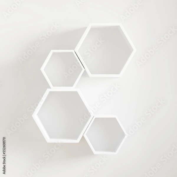 Fototapeta white wooden Hexagon shelf and empty shelf, copy space, mock up, hexegon.