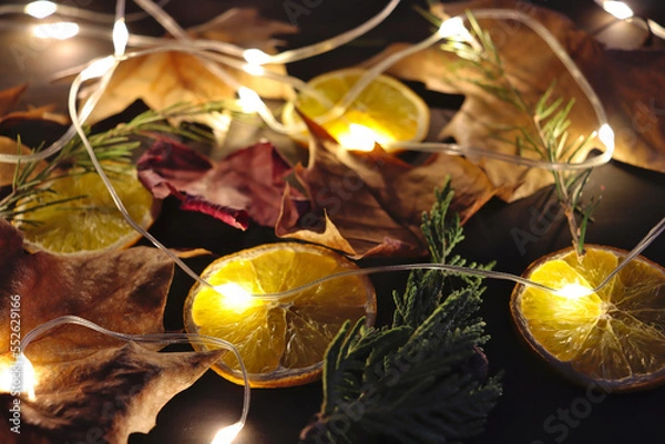 Fototapeta dry leaves from trees, slices of orange, twigs from conifers on which a decorative light chain shines