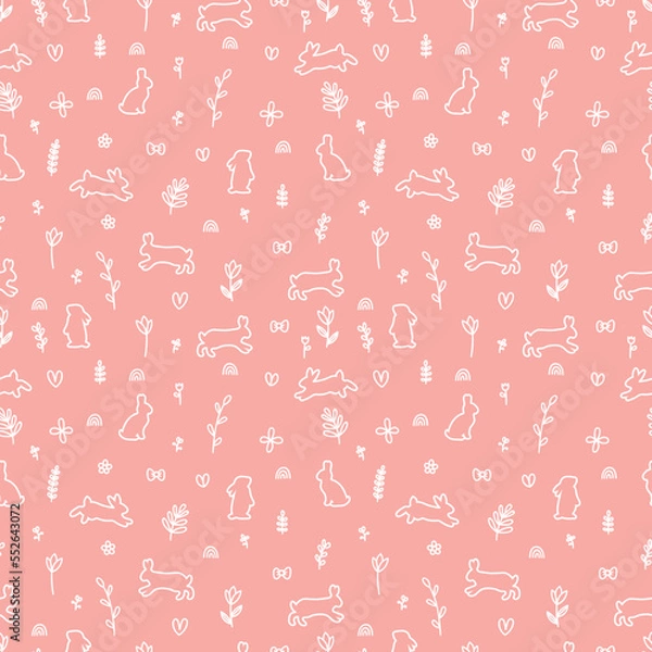 Fototapeta Hand drawn seamless pattern with rabbits silhouettes. Easter. Hare, bunny. Background with animals