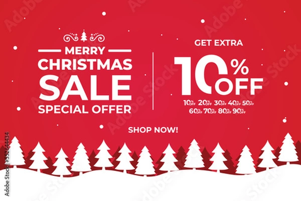 Fototapeta New year sale. Christmas sale label with sale precentage. Horizontal posters, greeting cards, header, website. Red Card with Christmas snowflakes. Card or Christmas themed invitations.