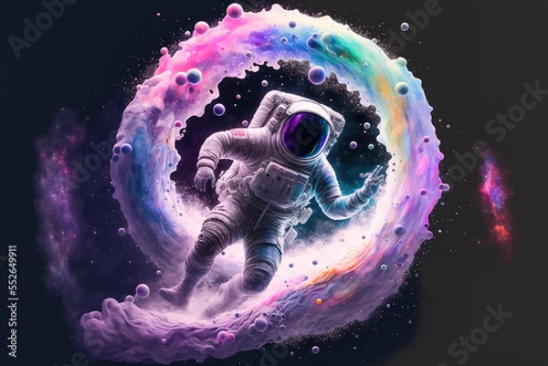 Fototapeta Beautiful painting of an astronaut in in a colorful bubbles galaxy on a different planet. Generative AI. Pop art concept