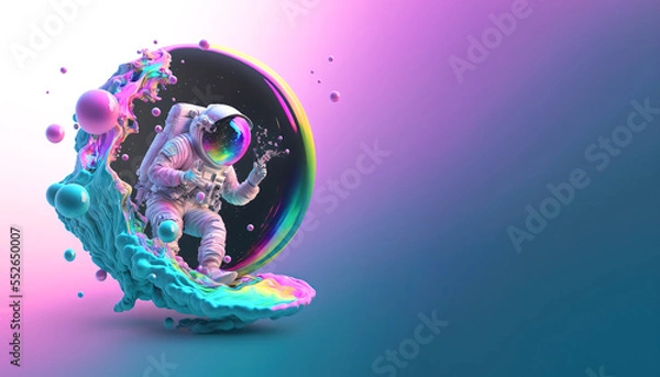 Fototapeta Beautiful painting of an astronaut in in a colorful bubbles galaxy on a different planet. Generative AI. Pop art concept