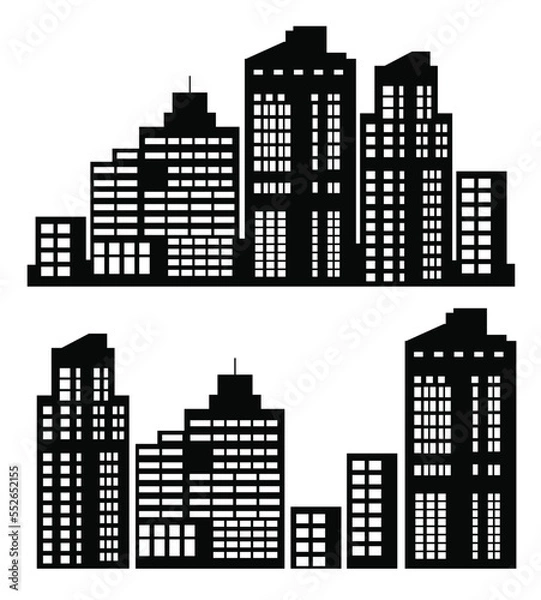 Fototapeta A flat black skyscraper and low-rise building silhouette
