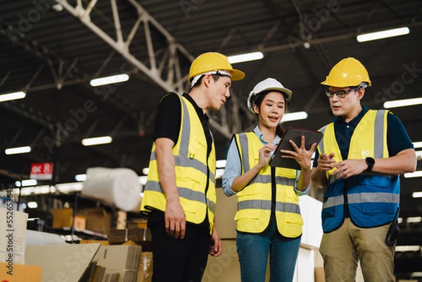 Fototapeta Group of Asian industrial worker has meeting to brainstorm and discuss at warehouse factory workplace. Industrial worker has planning and discussing scene. Auditor working onsite.