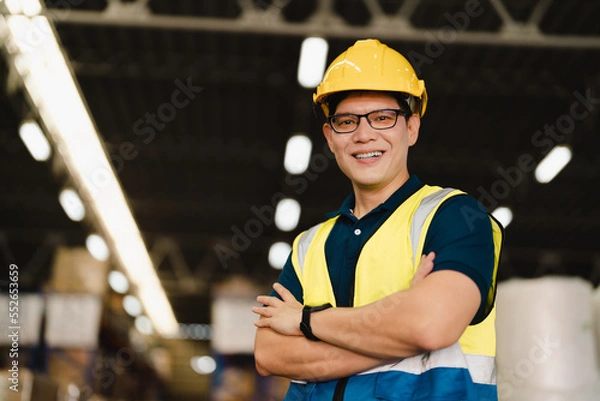 Fototapeta Portrait of Asian man warehouse supervisor working distribution warehouse to and managing inventory and logistics. Industrial inspector working in factory place.